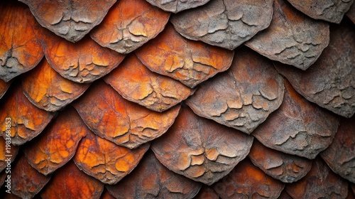 Dragon scale texture, orange and grey, close-up, background blur, design