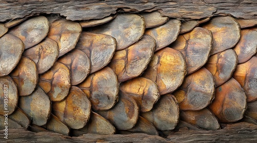 Close-up of overlapping scales on a tree trunk, textured background, nature texture