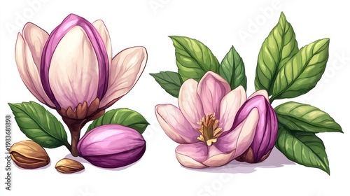 Pink magnolia blossoms and seed pods, spring botanical illustration, white background, design element