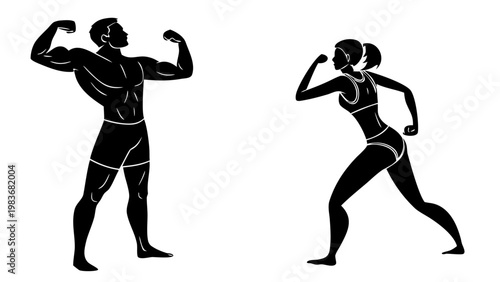Black silhouettes of man and woman in fitness poses