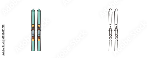 Alpine skis illustrations in flat color and black line styles showing winter sports equipment in turquoise and orange tones on white background for mountain resort design