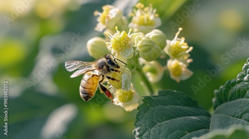 Bee pollinating flowers in a garden, sunlight