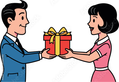 A man in a blue suit giving a red gift box with a yellow ribbon to a woman in a pink dress on transparent background
