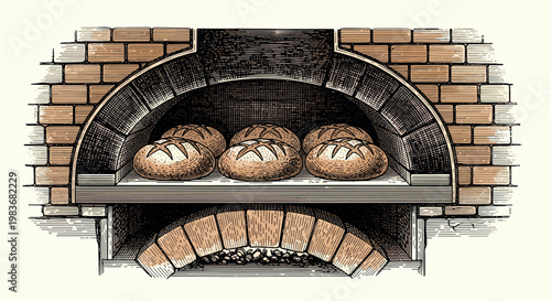 A brick oven with freshly baked loaves of bread inside on transparent background