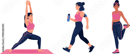 A fit woman engaging in various exercise routines on transparent background