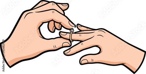 A hand putting a wedding ring on another hand on transparent background
