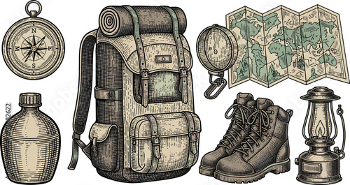 A collection of vintage outdoor gear on transparent background