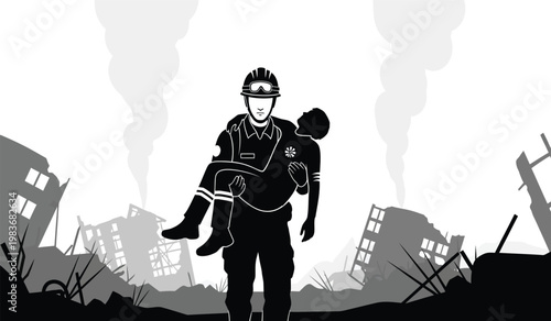 A rescuer carries an injured person amidst rubble and smoke depicting a scene of disaster and heroism a striking silhouette high quality professional detailed
