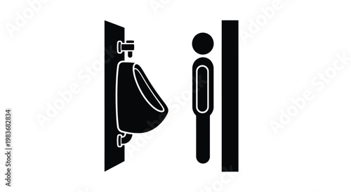 A minimalist depiction of a public restroom facility showcasing a urinal and a standing figure presented as a silhouette high quality professional detailed modern
