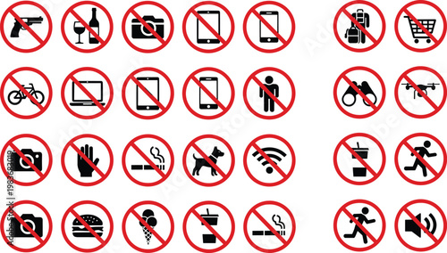 Collection of prohibition icons with red crossed symbols showing restricted items like weapons devices food pets and activities isolated on white background for signage design