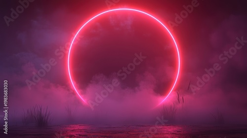 Glowing red circle in foggy landscape; mysterious, futuristic scene