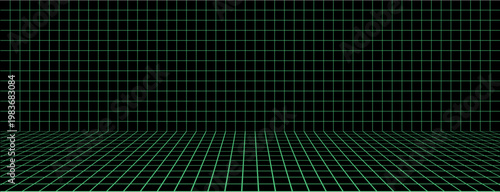 3d wireframe grid room space background. Digital wireframe grid room perspective geometry cube.