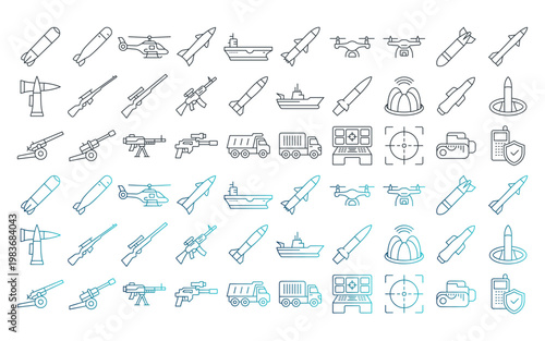 Modern Warfare Icon Collection Showcasing Missiles, Fighter Jets, Tanks, Submarines, Weapons, and High-Tech Communication Systems for Creative and Strategic Design Use