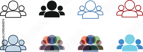 Set of Eight Diverse People Group Icons Featuring Various Styles and Color Variations