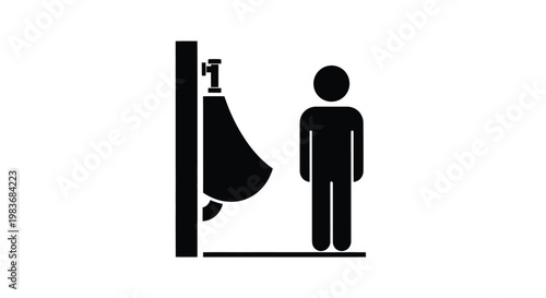 A stark black and white pictogram shows a male figure standing near a urinal in a public restroom a simple silhouette high quality professional