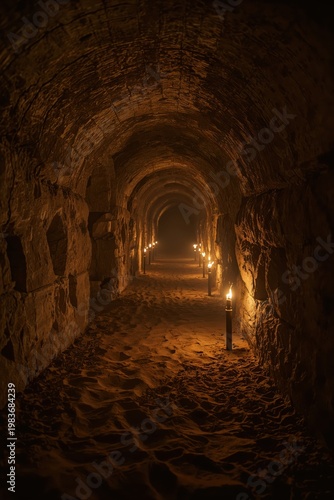 Ancient palace cellar with sandstone halls torches and hidden passages dark fantasy scene