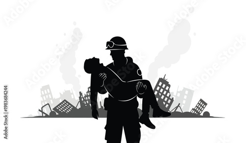 A dramatic black and white illustration depicts a rescuer carrying an injured person through a war torn cityscape silhouette high quality professional detailed modern