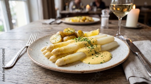 Elegant white asparagus with hollandaise sauce