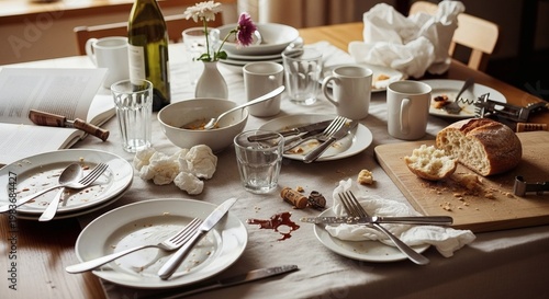 A messy dining table with plates, cups, and utensils scattered all over, indicating a chaotic meal.