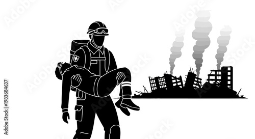 A rescuer carries an injured person through a war torn cityscape depicting a somber scene of crisis and aftermath silhouette high quality professional detailed