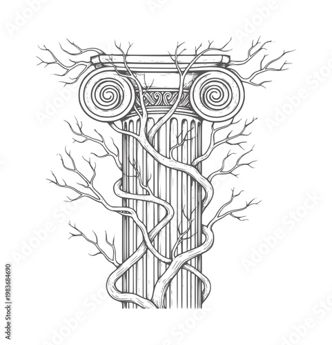 Ancient ionic column entwined with bare tree branches capital scroll volute