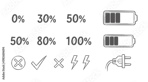 Battery charge indicators with percentage symbols and power plug