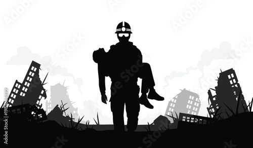 A stark depiction showcases a rescuer carrying an injured person amidst the ruins of a devastated cityscape a powerful silhouette high quality professional detailed