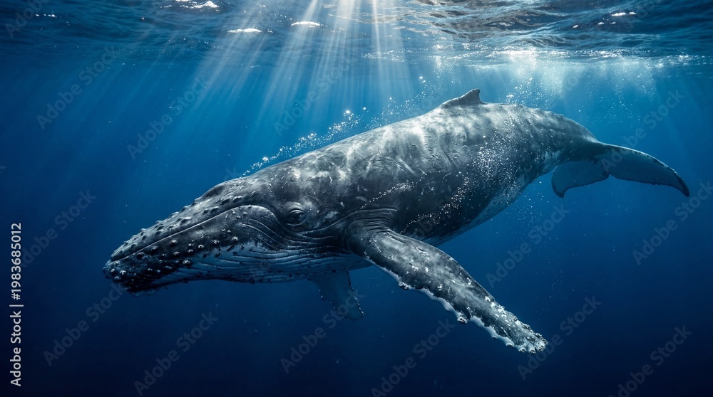 Naklejka premium Humpback whale gliding gracefully in deep ocean waters