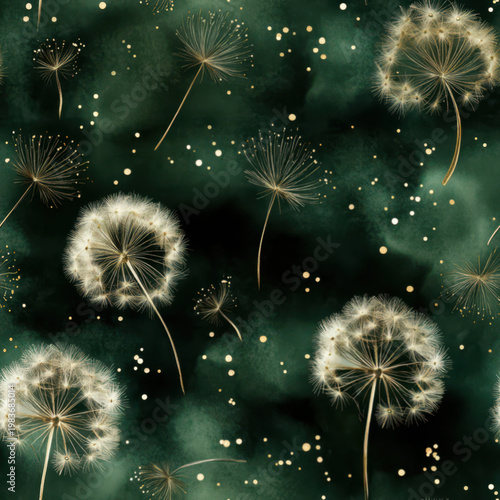 Seamless pattern, dandelions in watercolor in vintage green & gold