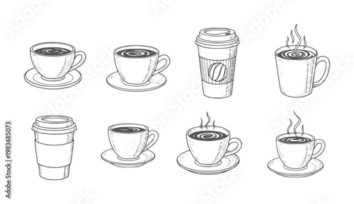 Collection of hand drawn coffee cups and to go cups beverage drink
