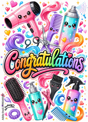 Kawaii art featuring hair stylist tools, accompanied by a congratulatory message written in fun colors on a white background