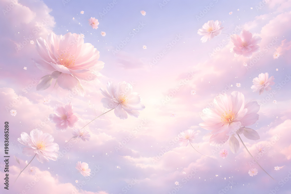 Obraz premium Dreamy floating flowers in soft pastel sky, surreal airy illustration with glowing light, smooth gradients and calm mood, minimal composition, ideal for backgrounds, wallpapers and romantic design. 