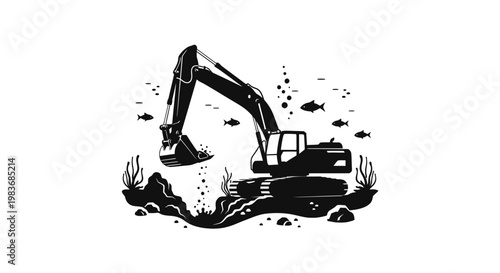 Black silhouette of an excavator underwater.