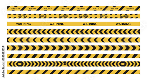 Set of yellow and black hazard warning tapes with caution text chevron patterns and diagonal stripes on a white background