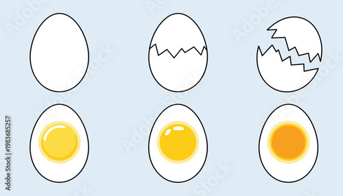 Set of six egg showing a whole egg a cracked egg a broken shell and three variations of hard boiled eggs with different yellow and orange yolk colors on a light blue background