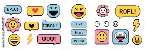Pixel sticker set featuring social media speech bubbles emojis flowers lightning bolts and like share repost buttons in yellow pink and blue colors on a white background