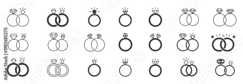 Set of eighteen black and white featuring diamond engagement rings and interlocking wedding bands with various gem cuts and sparkling light effects isolated on a white background