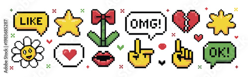 Pixel sticker set featuring speech bubbles with text like l i k e o m g and o k yellow stars a red bow a broken heart a smiling daisy flower red lips and yellow hand gestures