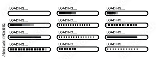Set of twelve black and white loading bars with varying progress levels and segmented square patterns on a white background