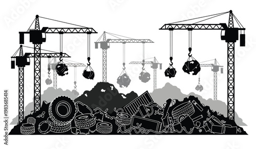 A stark black and white illustration depicts a junkyard filled with debris and construction cranes forming a dramatic silhouette high quality professional detailed modern