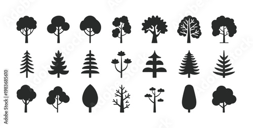 Set of twenty one black tree silhouettes featuring various deciduous and coniferous shapes arranged in three rows on a white background