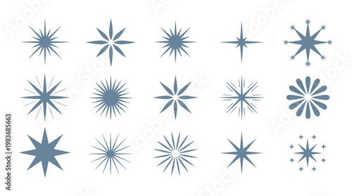 Set of fifteen grey starburst and sparkle shapes with varying ray counts and geometric patterns arranged in a grid on a white background