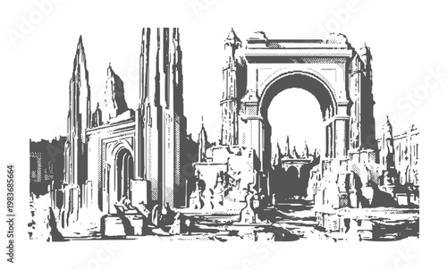 Dark grey of ancient ruins with an archway and tall spires architecture