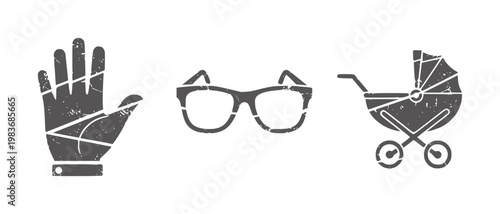 Dark grey of hand eyeglasses and baby carriage with distressed texture