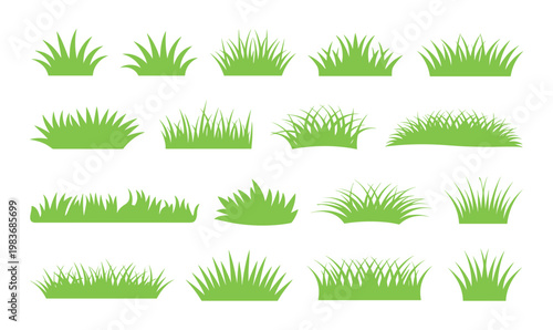 Set of fifteen green grass patches and lawn tufts isolated on a white background in a flat style with various blade shapes and densities