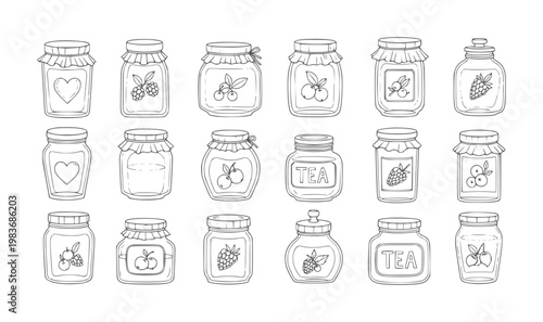 Hand drawn collection of assorted jars with fruits and tea labels berry heart