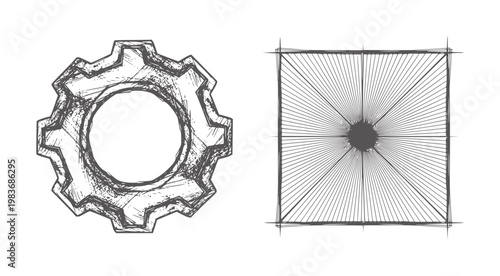 Hand drawn dark grey gear and radiating lines in square mechanical industry engineering