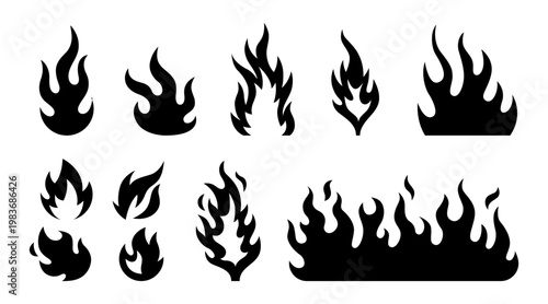 Conjunto de iconos de llamas de fuego. Representa energía, calor y peligro. Incluye incendio, alerta, explosión, chispa, combustión, aumento y control. Ilustración vectorial