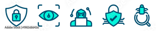 Conjunto de iconos de ciberseguridad. Representa protección digital. Incluye escudo con candado, escaneo ocular, hacker en computadora, seguridad aprobada y detección de malware. Ilustración vectorial