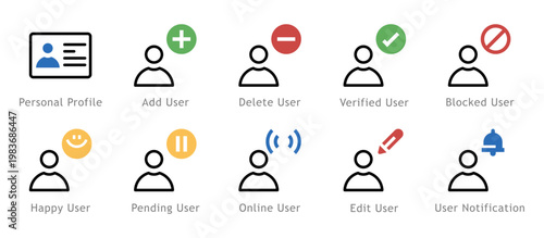 Conjunto de iconos de usuarios. Representa interacción digital. Incluye perfil personal, agregar contacto, eliminar usuario, usuario verificado, bloqueado y más. Ilustración vectorial